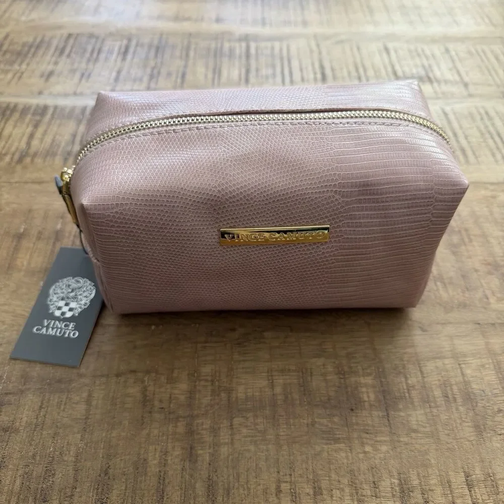 NWT‎ Vince Camuto Cosmetic Travel Pouch Makeup Bag PINK Snakeskin Print Zip
